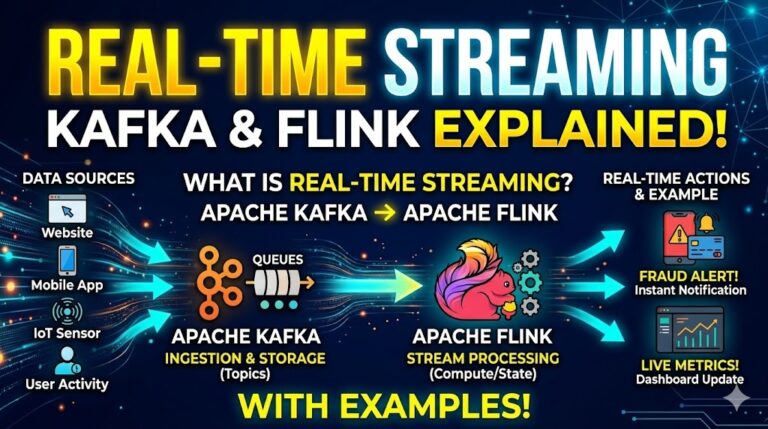 What is Real-time Streaming Kafka Flink explain with example in Telugu And English